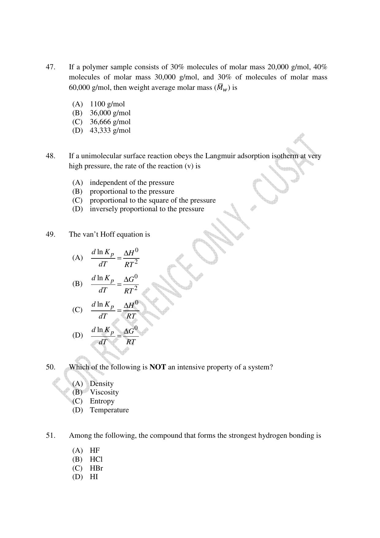 CUSAT CAT 2023 CHEMISTRY PG Question Paper - Page 12