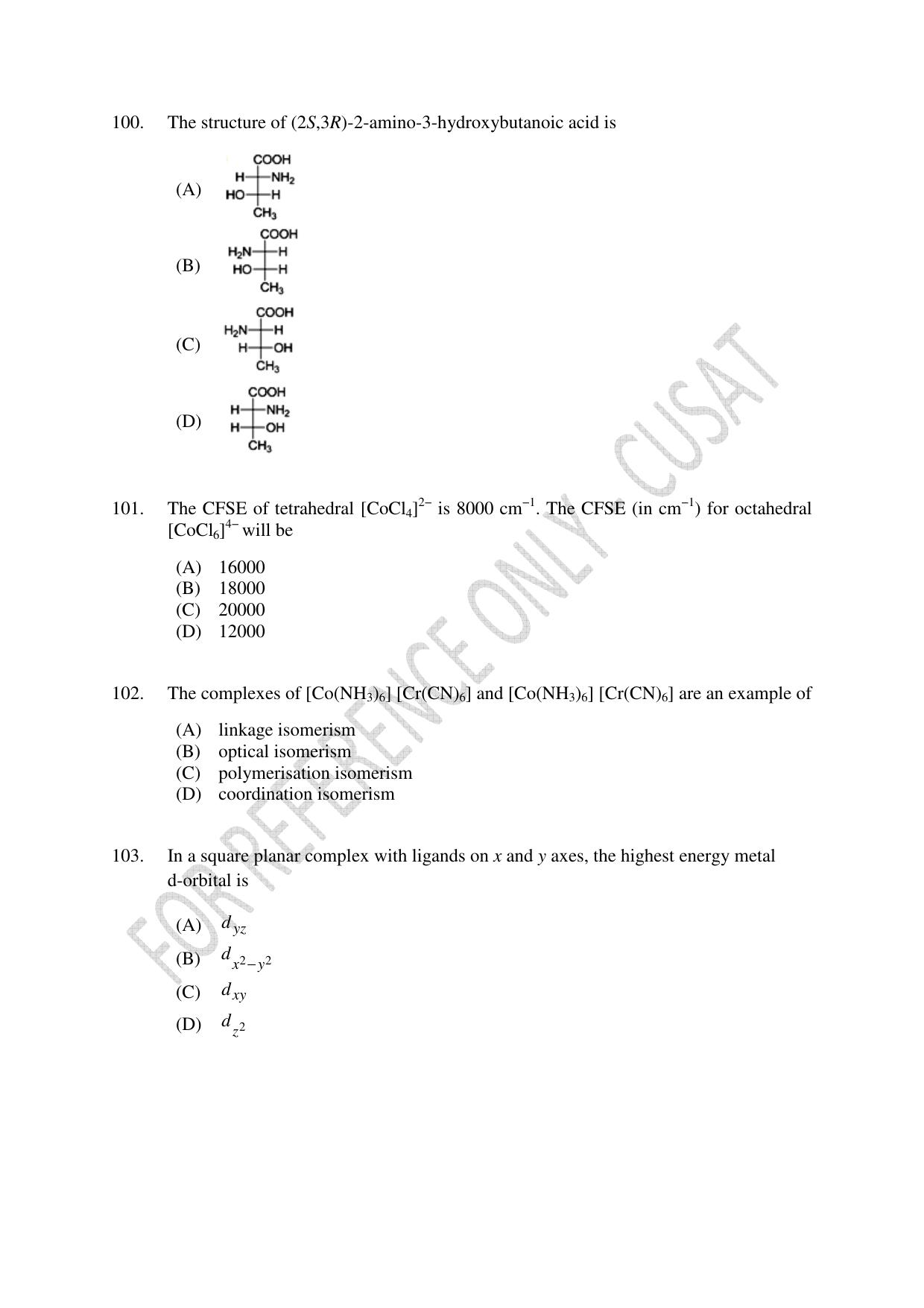 CUSAT CAT 2023 CHEMISTRY PG Question Paper - Page 32