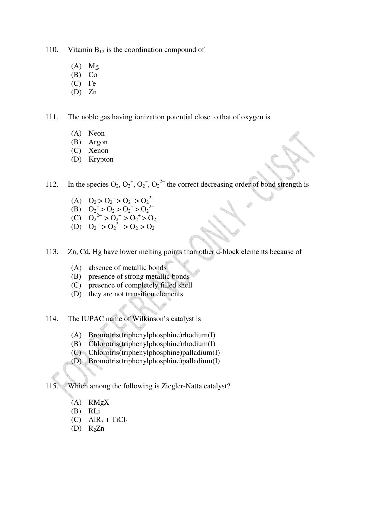 CUSAT CAT 2023 CHEMISTRY PG Question Paper - Page 34