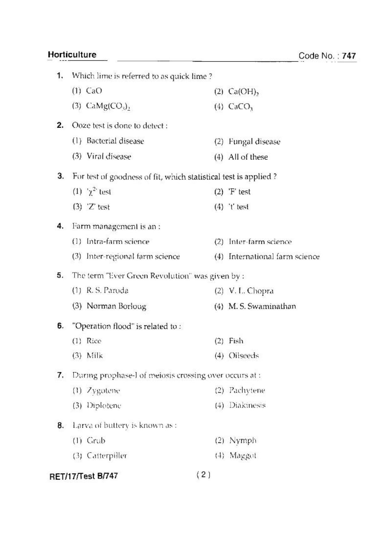 BHU RET(Agriculture) Horticulture 2017 Question Paper - Page 4