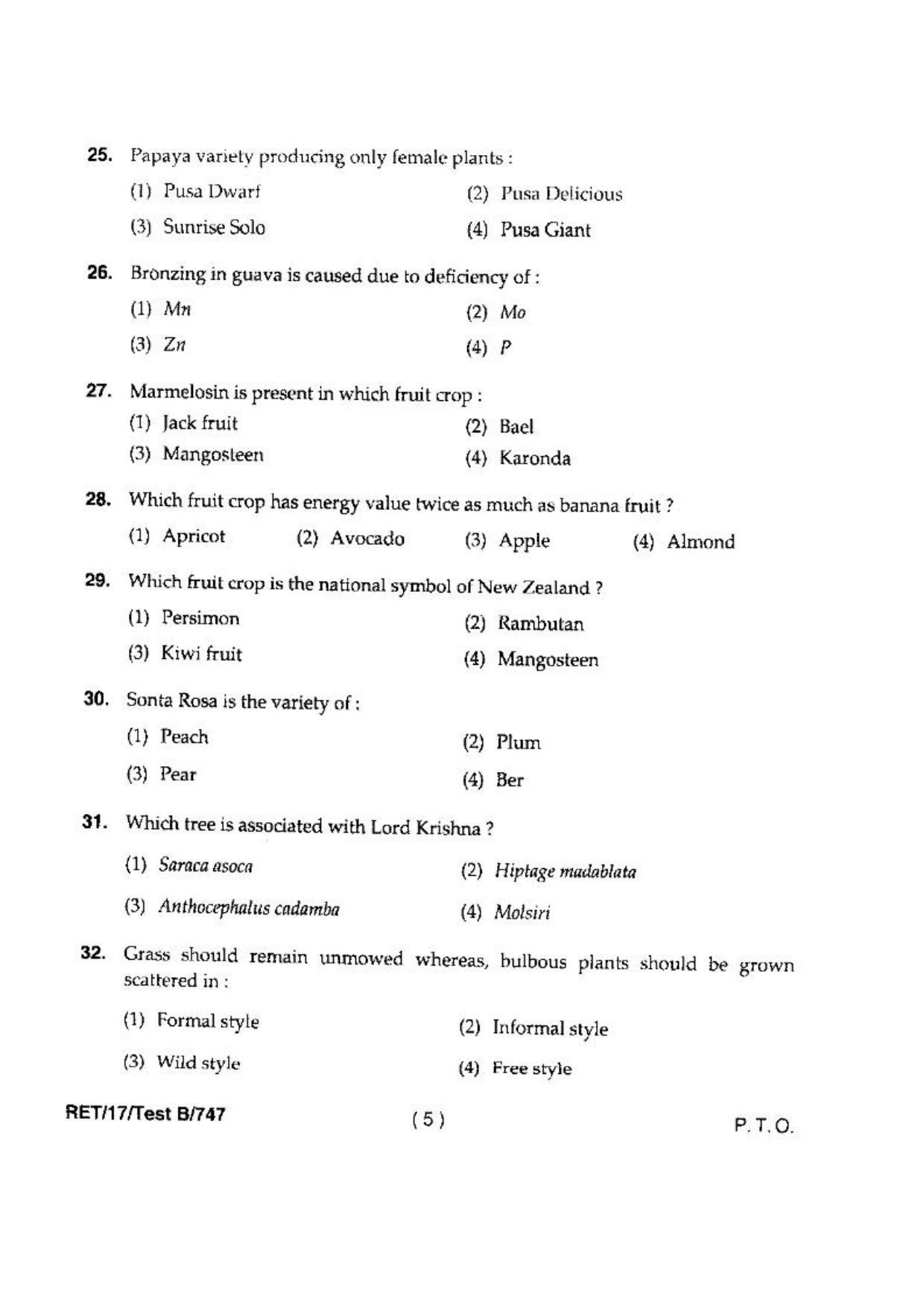 BHU RET(Agriculture) Horticulture 2017 Question Paper - Page 7