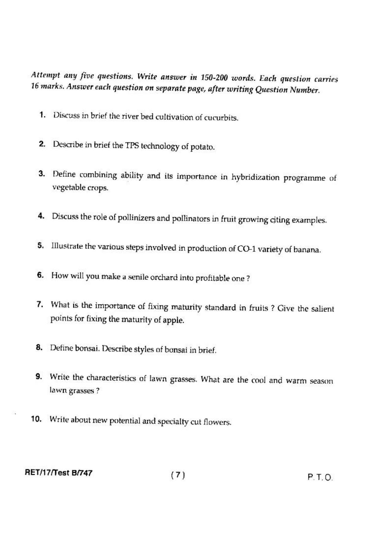 BHU RET(Agriculture) Horticulture 2017 Question Paper - Page 9