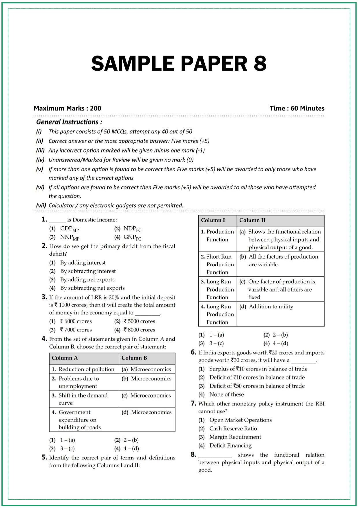 CUET UG Economics Sample Paper 8 - Page 1