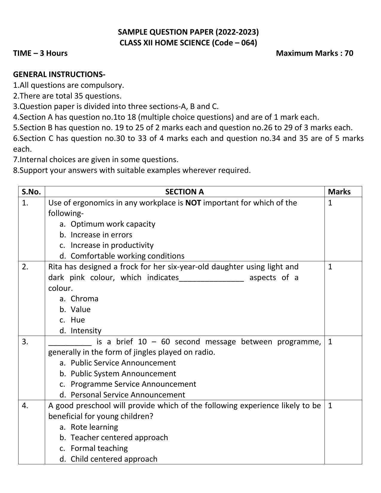 CBSE Class 12 Home Science Sample Paper 2023 - Page 1
