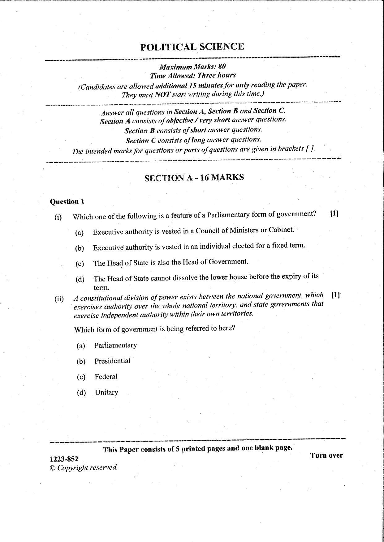 ISC Class 12 Political Science 2023 Question Paper - Page 1