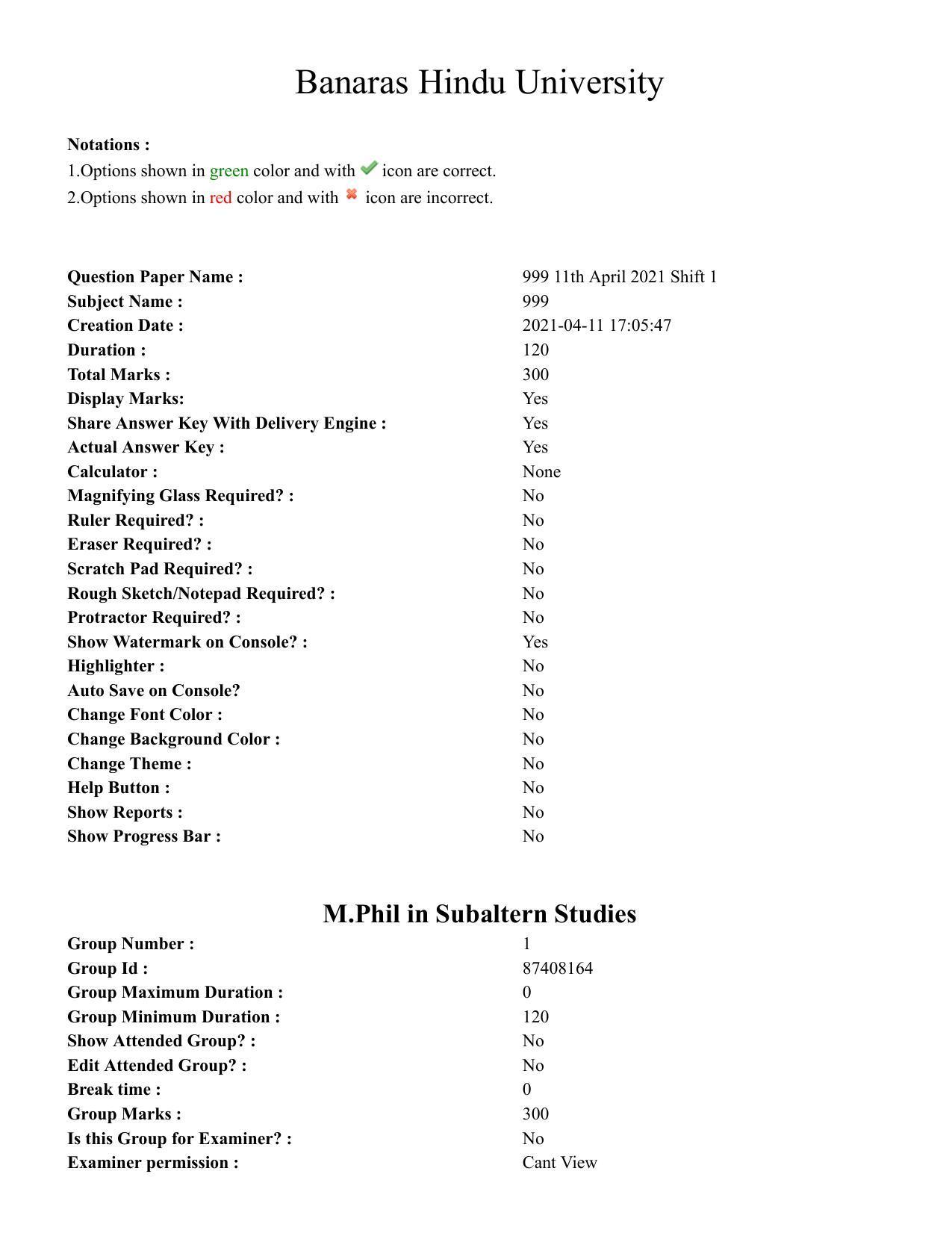 BHU RET M.Phil in Subaltern Studies 2020 Question Paper - Page 1