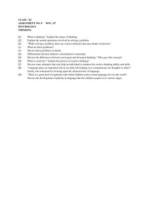 CBSE Worksheets for Class 11 Psychology Assignment 8