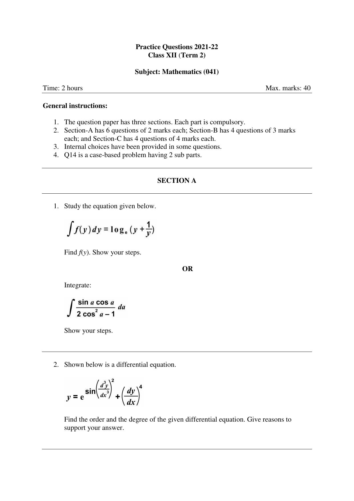 CBSE Class 12 Mathematics Term 2 Practice Questions 2021-22 - Page 1