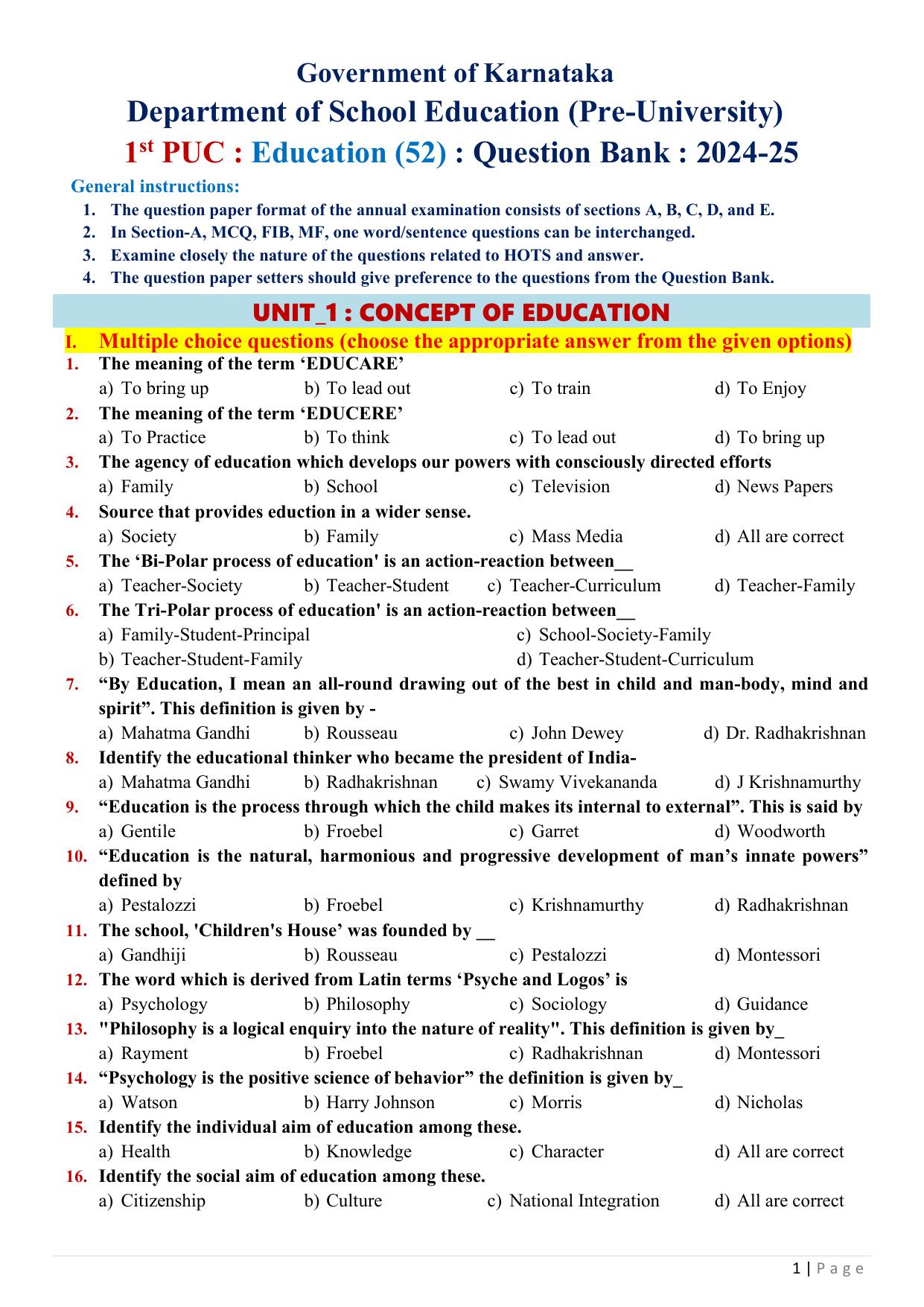Karnataka 1st PUC Question Bank 2025 - Education English - Page 3