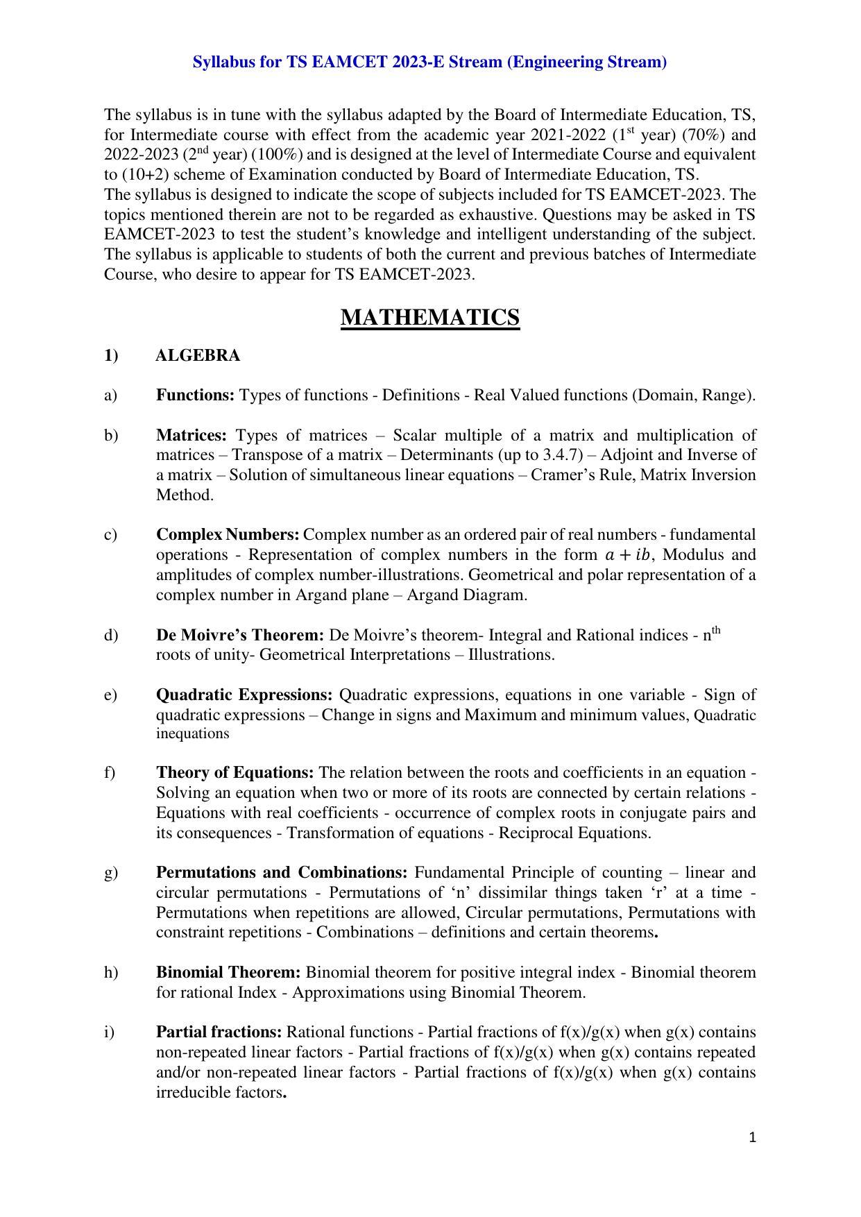 TS EAMCET Engineering Syllabus - Page 1
