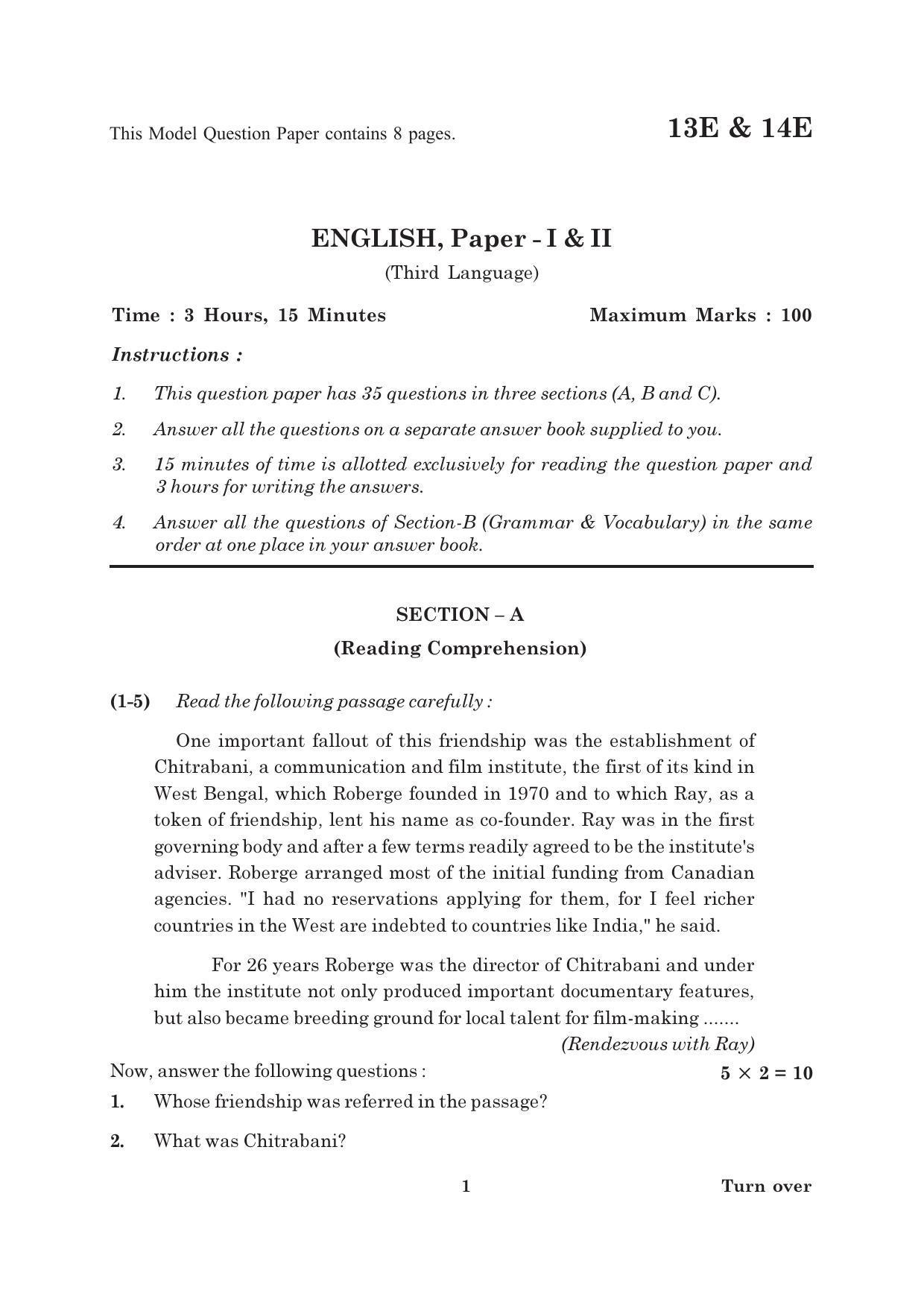 AP Board 10th 3RD LANGUAGE PAPER - I & II ( ENGLISH) Model Paper 2023 - Page 1