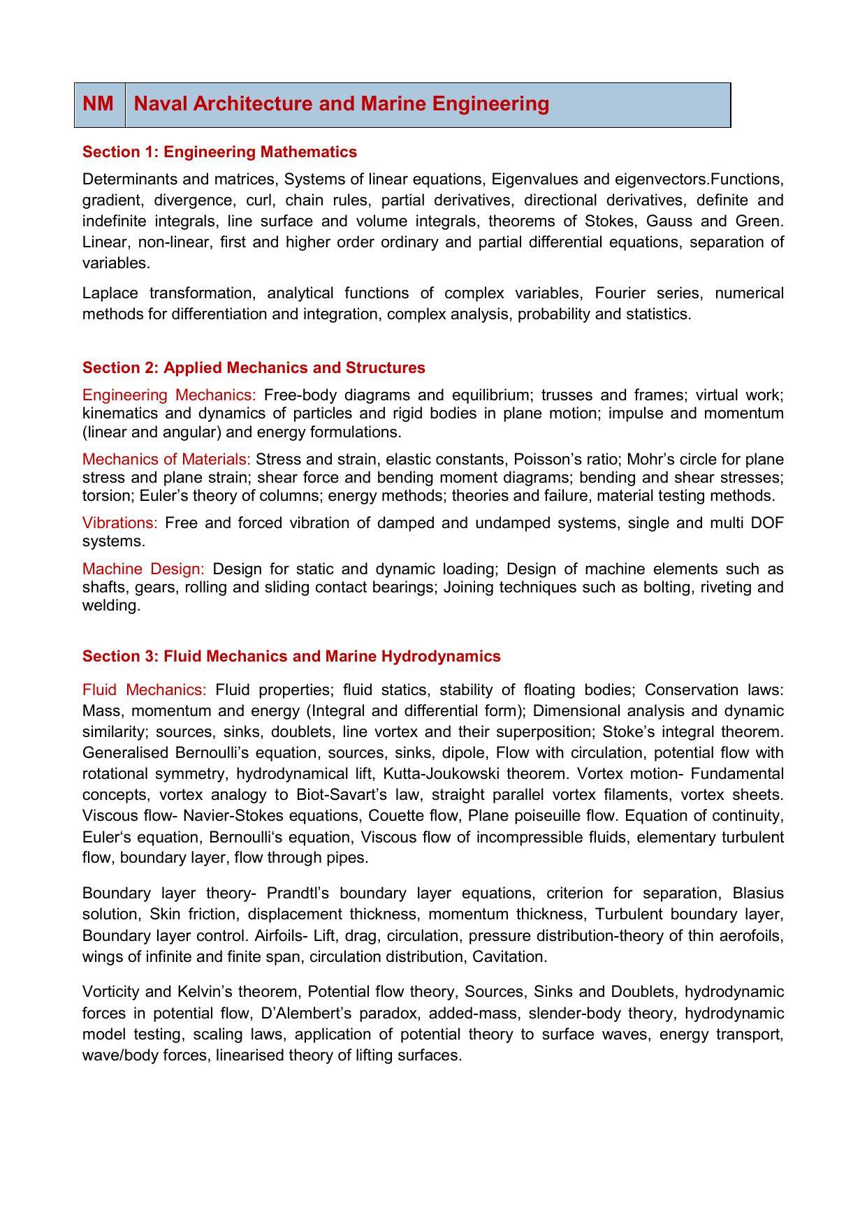 GATE Naval Architecture and Marine Engineering Syllabus - Page 1