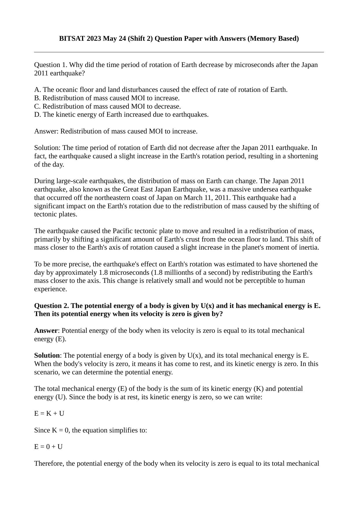 BITSAT BITSAT Shift 2 (24 May, 2023) Question Paper 2023 Question Paper - Page 1
