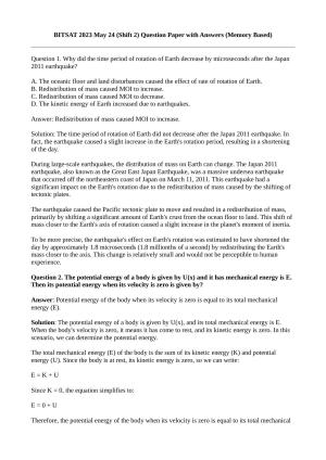 BITSAT BITSAT Shift 2 (24 May, 2023) Question Paper 2023 Question Paper