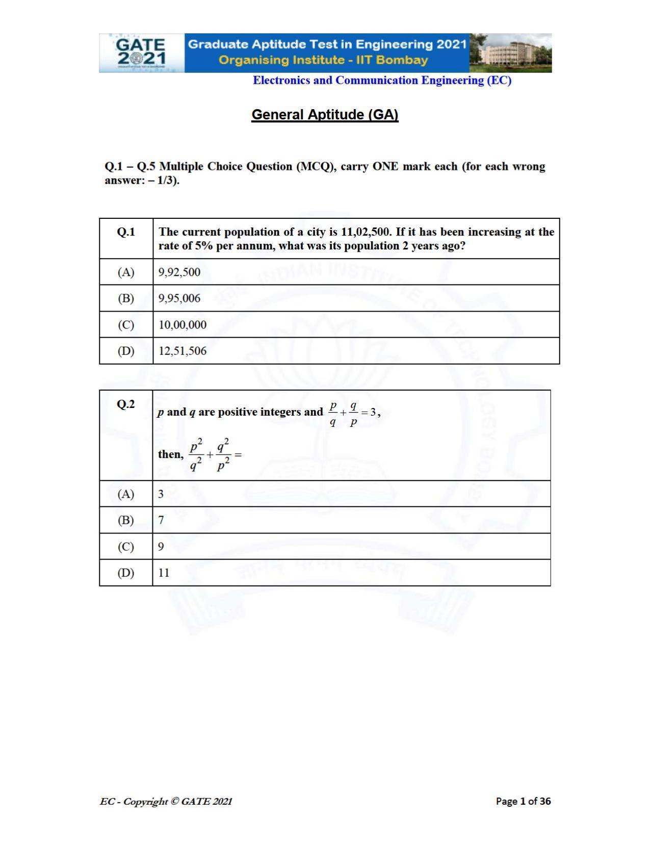 GATE 2021 Electronics & Communication Engineering (EC) Question Paper - Page 1