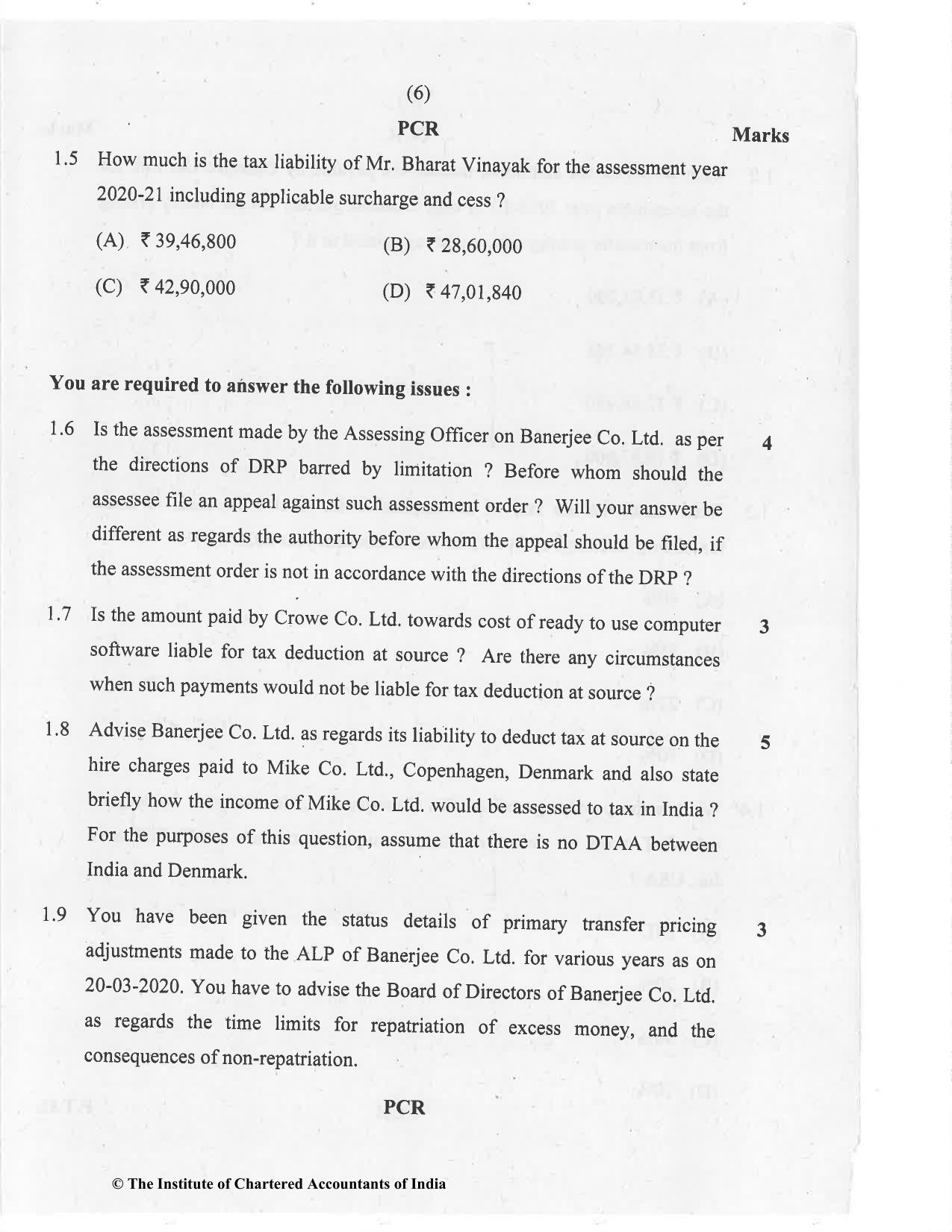 CA Final Nov 2020 Question Paper - Paper 6C – International Taxation - Page 6