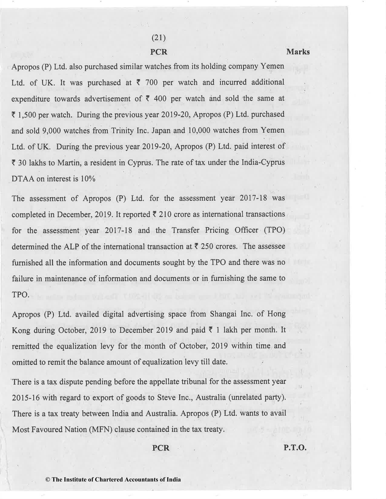CA Final Nov 2020 Question Paper - Paper 6C – International Taxation - Page 21