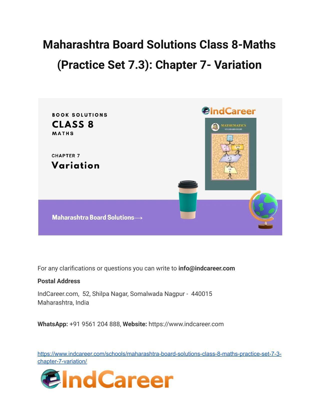 Maharashtra Board Solutions Class 8-Maths (Practice Set 7.3): Chapter 7- Variation - Page 1