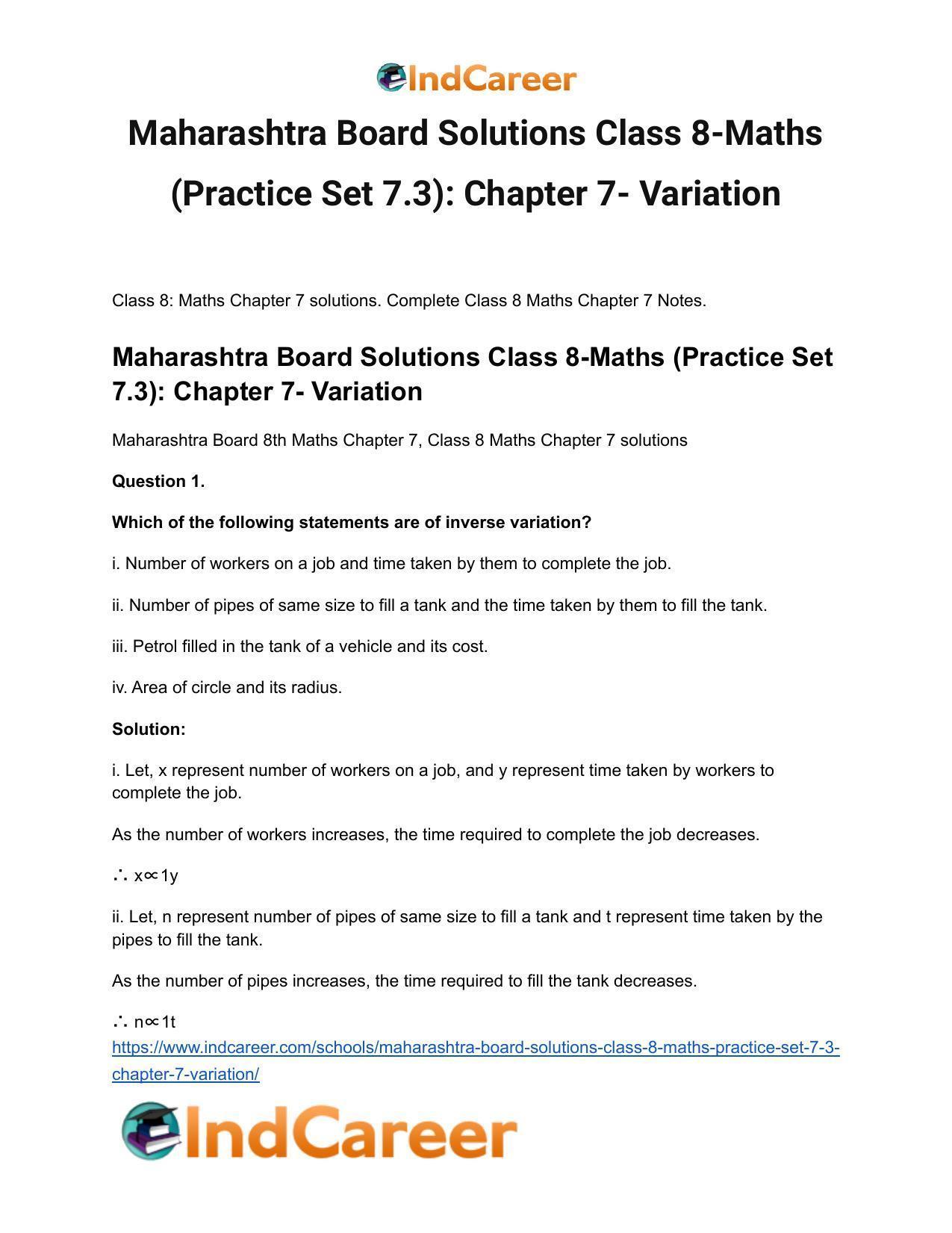 Maharashtra Board Solutions Class 8-Maths (Practice Set 7.3): Chapter 7- Variation - Page 2