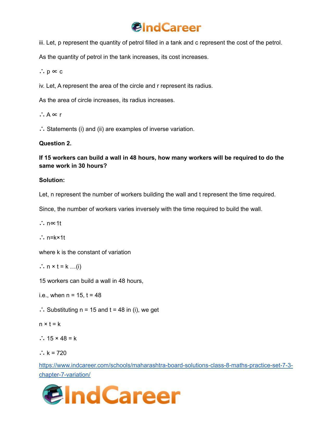 Maharashtra Board Solutions Class 8-Maths (Practice Set 7.3): Chapter 7- Variation - Page 3
