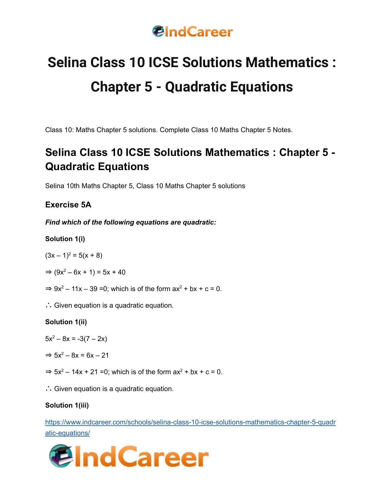 Selina Class 10 ICSE Solutions Mathematics : Chapter 5 - Quadratic Equations - Page 2