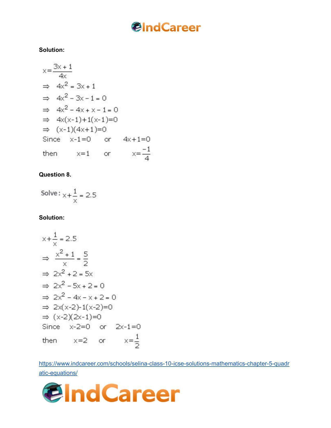 Selina Class 10 ICSE Solutions Mathematics : Chapter 5 - Quadratic Equations - Page 16