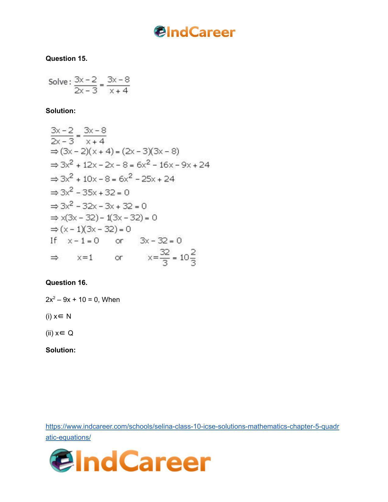 Selina Class 10 ICSE Solutions Mathematics : Chapter 5 - Quadratic Equations - Page 20