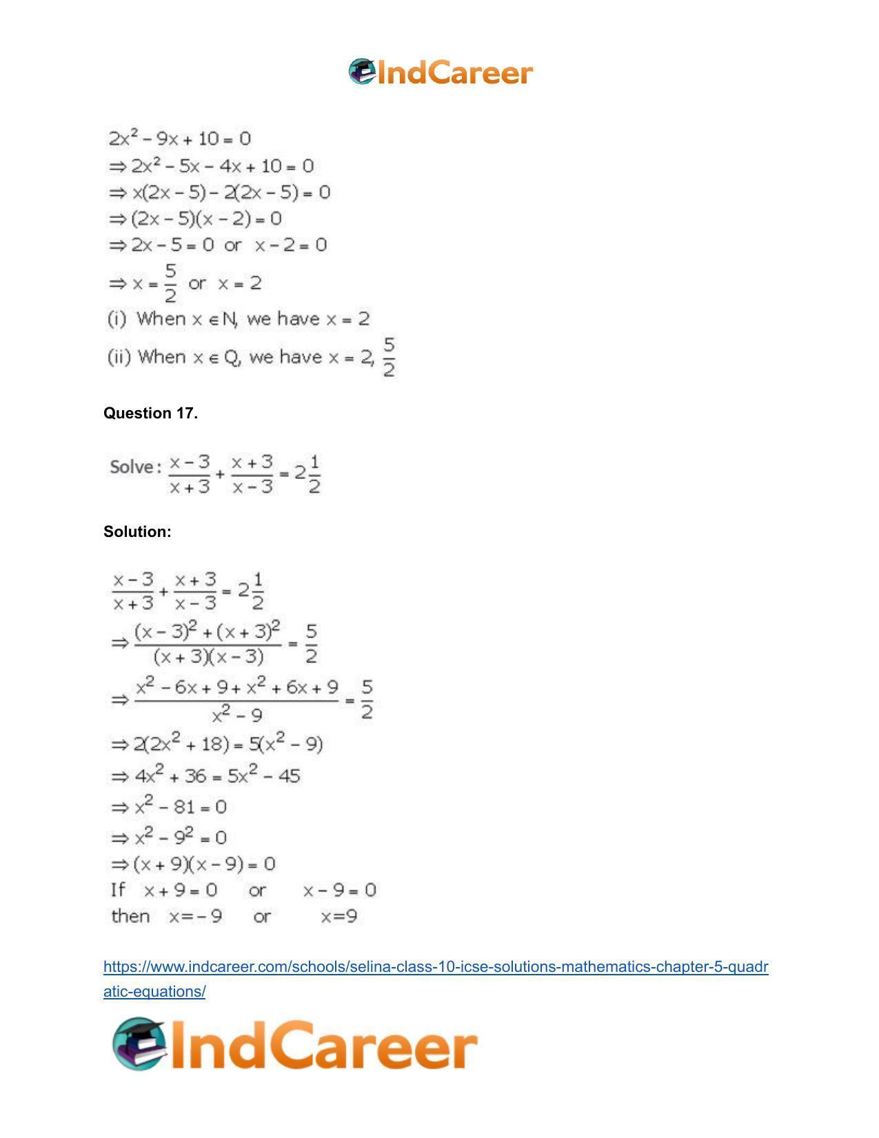 Selina Class 10 ICSE Solutions Mathematics : Chapter 5 - Quadratic Equations - Page 21