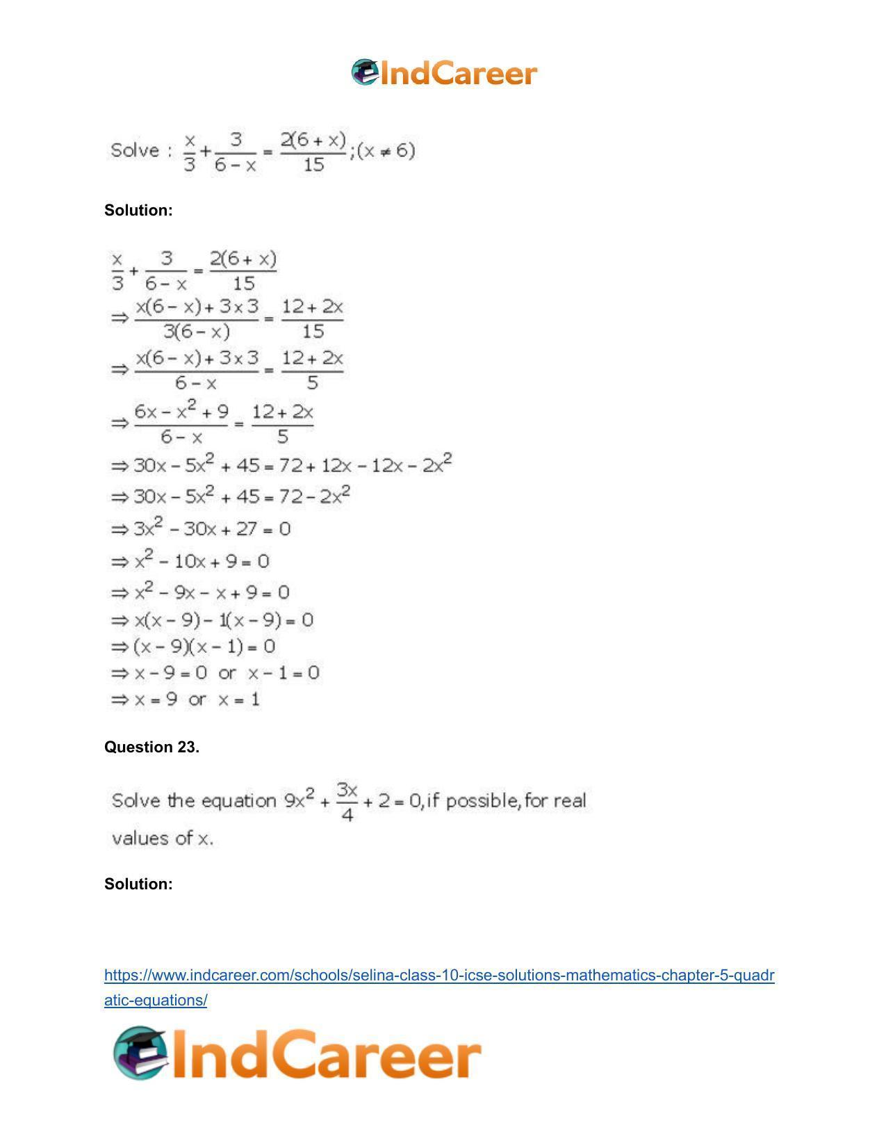 Selina Class 10 ICSE Solutions Mathematics : Chapter 5 - Quadratic Equations - Page 26