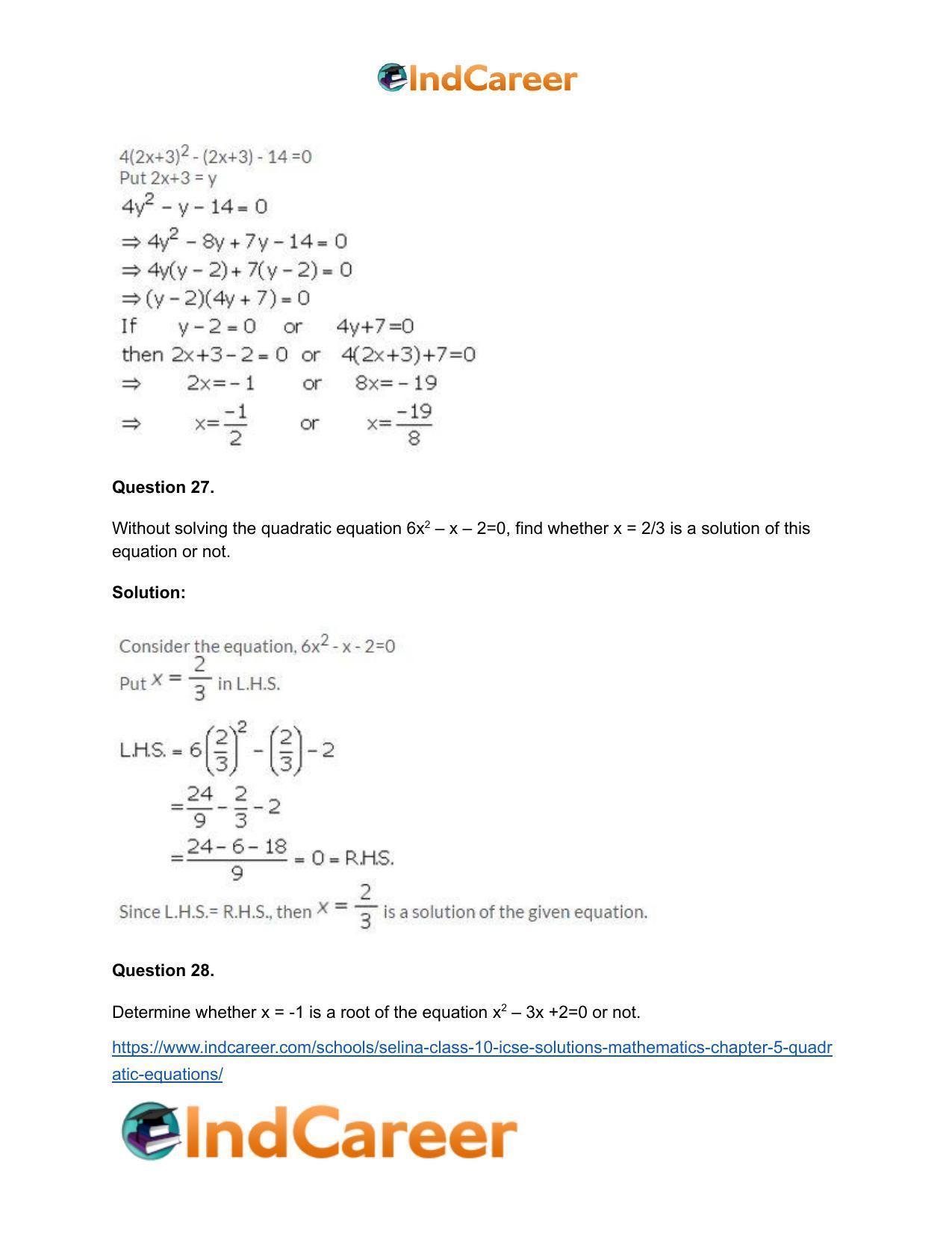 Selina Class 10 ICSE Solutions Mathematics : Chapter 5 - Quadratic Equations - Page 29