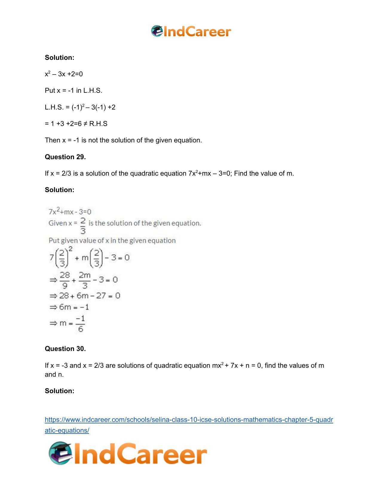 Selina Class 10 ICSE Solutions Mathematics : Chapter 5 - Quadratic Equations - Page 30