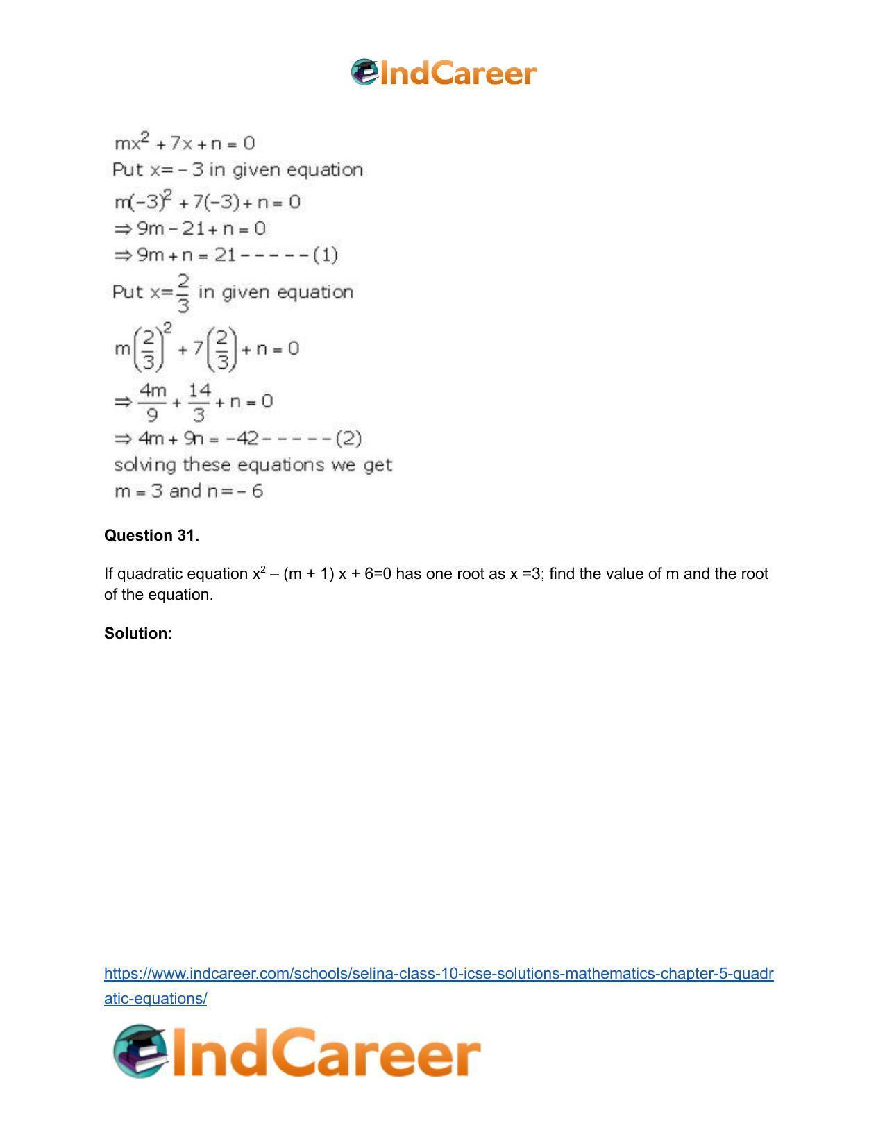 Selina Class 10 ICSE Solutions Mathematics : Chapter 5 - Quadratic Equations - Page 31
