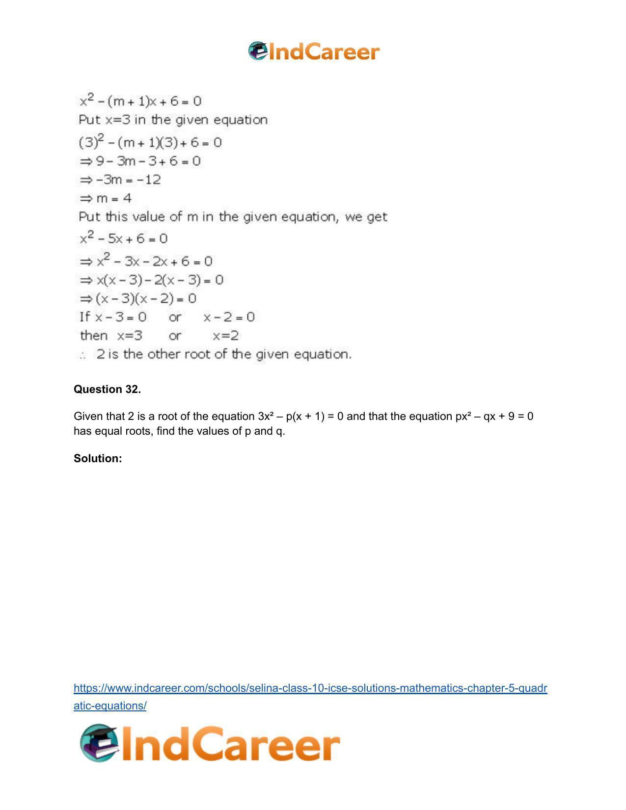 Selina Class 10 ICSE Solutions Mathematics : Chapter 5 - Quadratic Equations - Page 32