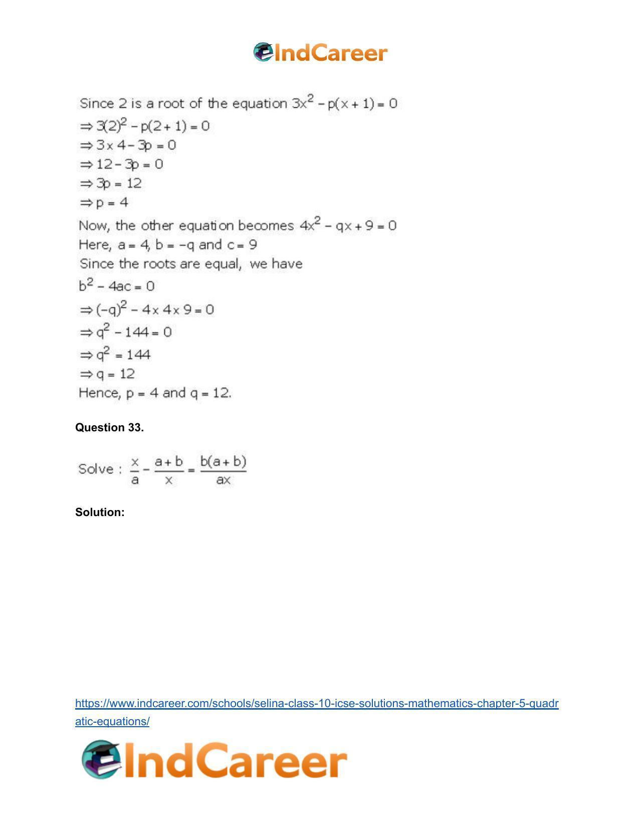 Selina Class 10 ICSE Solutions Mathematics : Chapter 5 - Quadratic Equations - Page 33