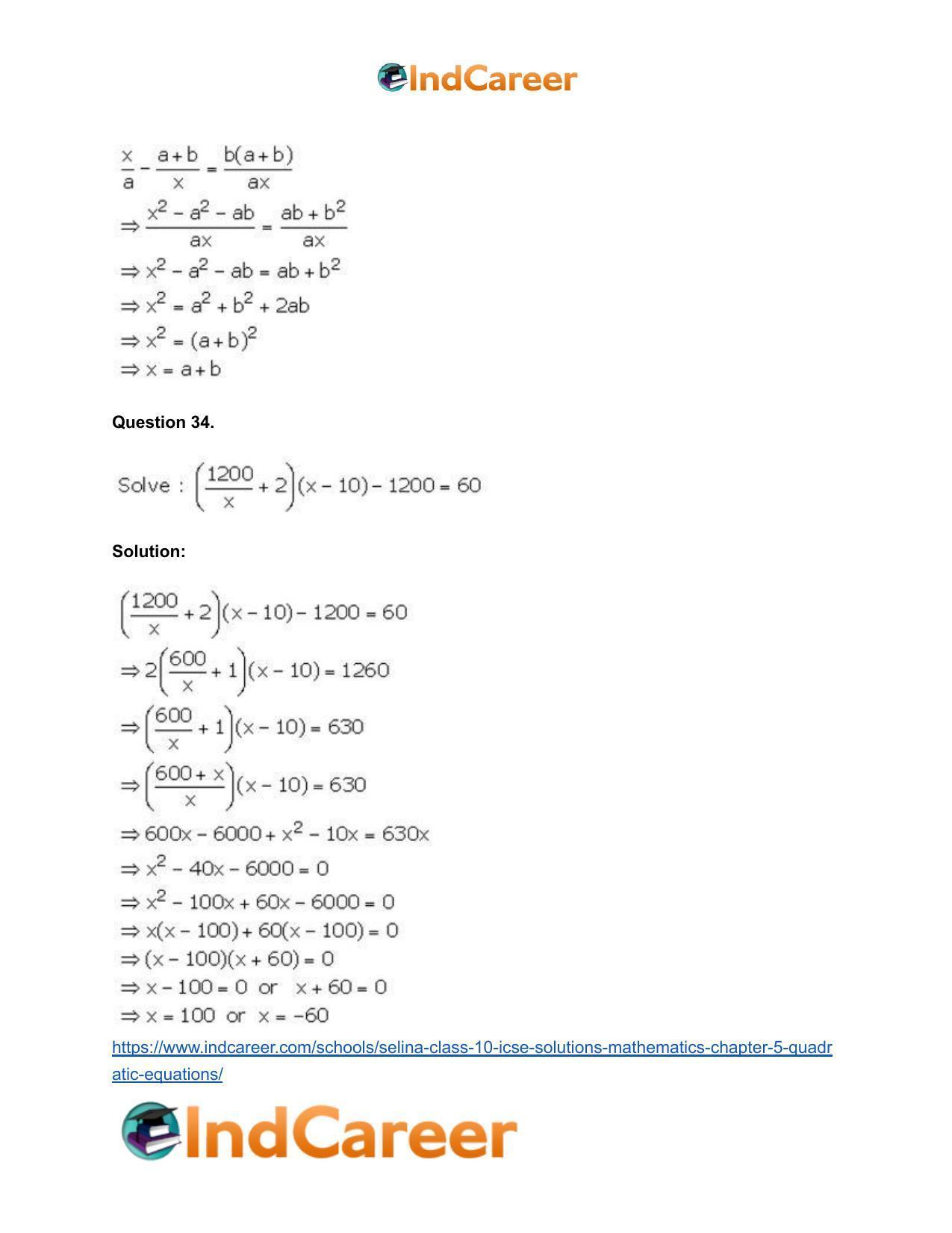 Selina Class 10 ICSE Solutions Mathematics : Chapter 5 - Quadratic Equations - Page 34