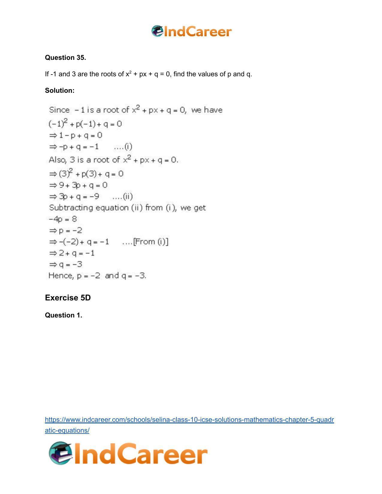 Selina Class 10 ICSE Solutions Mathematics : Chapter 5 - Quadratic Equations - Page 35