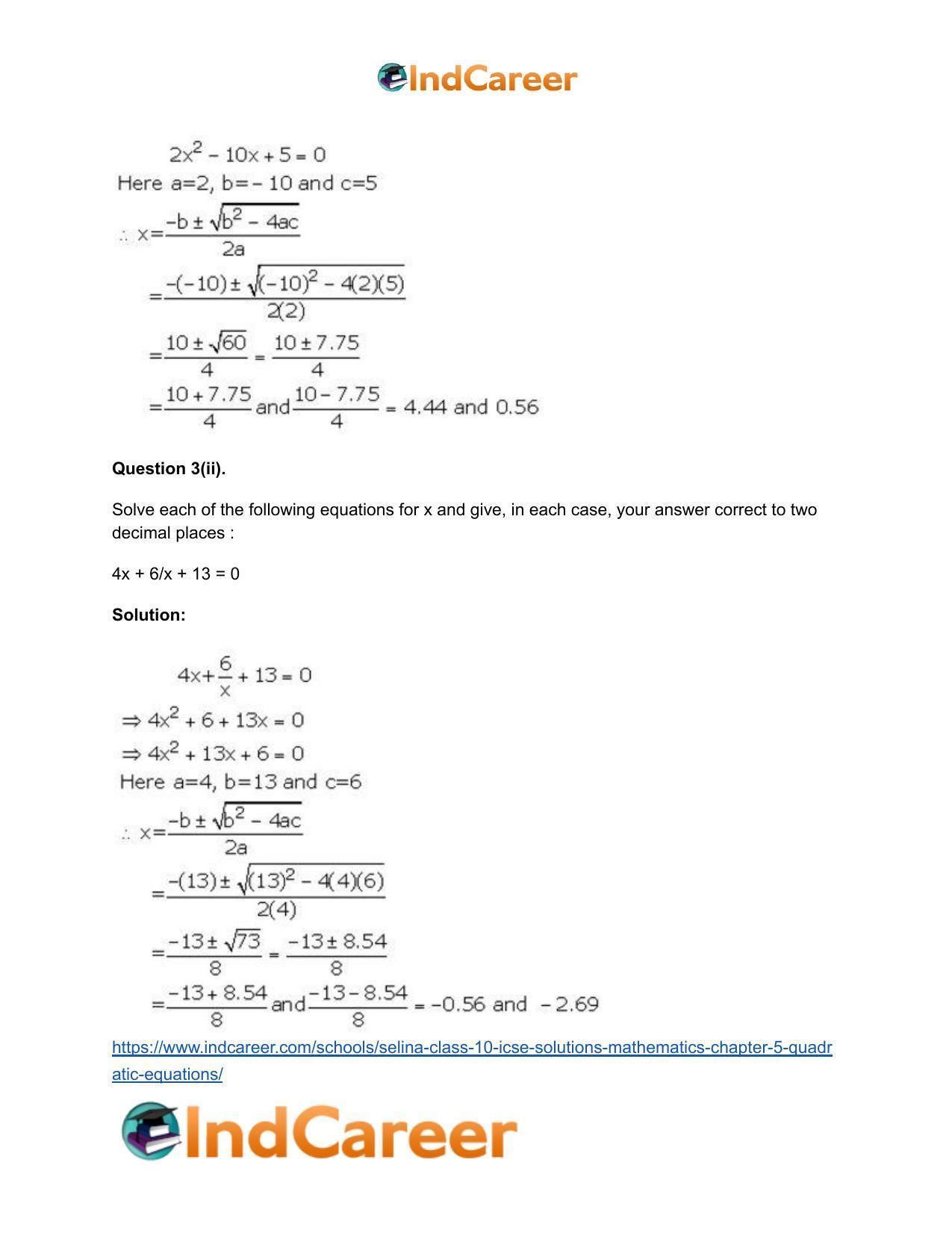 Selina Class 10 ICSE Solutions Mathematics : Chapter 5 - Quadratic Equations - Page 45