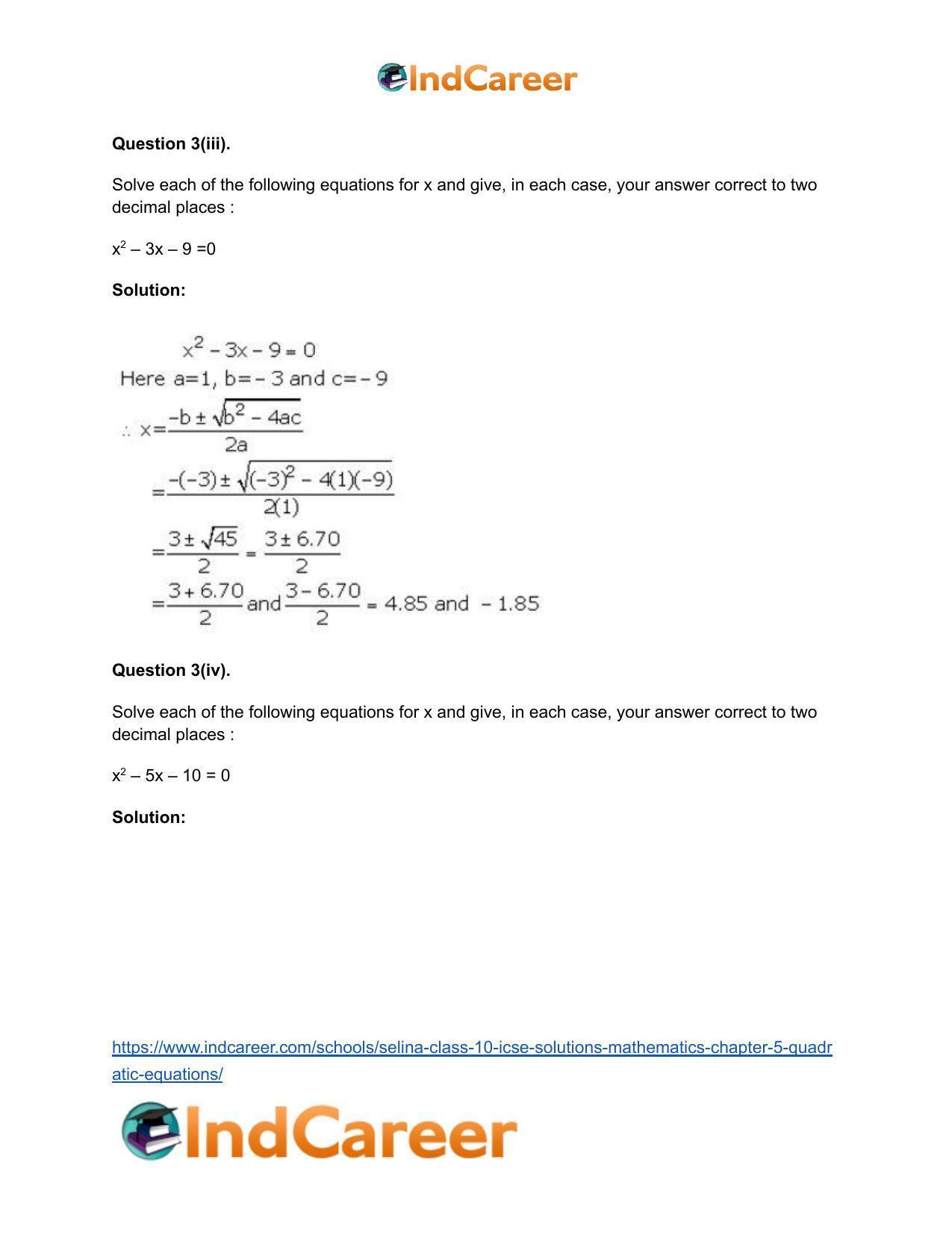 Selina Class 10 ICSE Solutions Mathematics : Chapter 5 - Quadratic Equations - Page 46