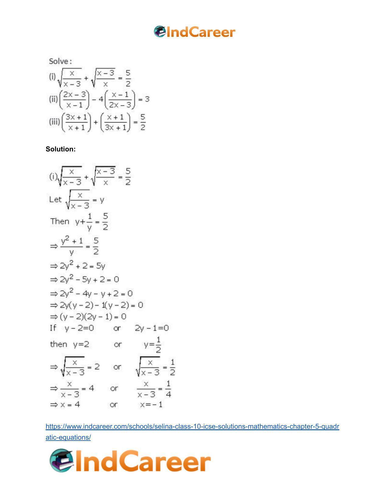 Selina Class 10 ICSE Solutions Mathematics : Chapter 5 - Quadratic Equations - Page 51