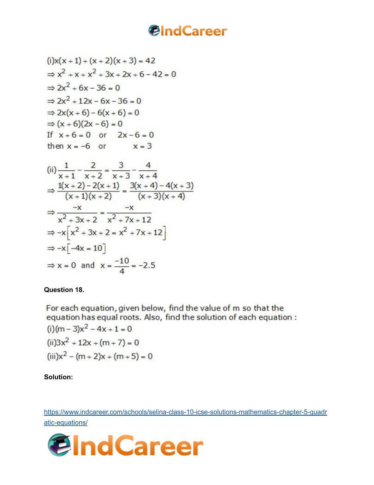 Selina Class 10 ICSE Solutions Mathematics : Chapter 5 - Quadratic Equations - Page 71