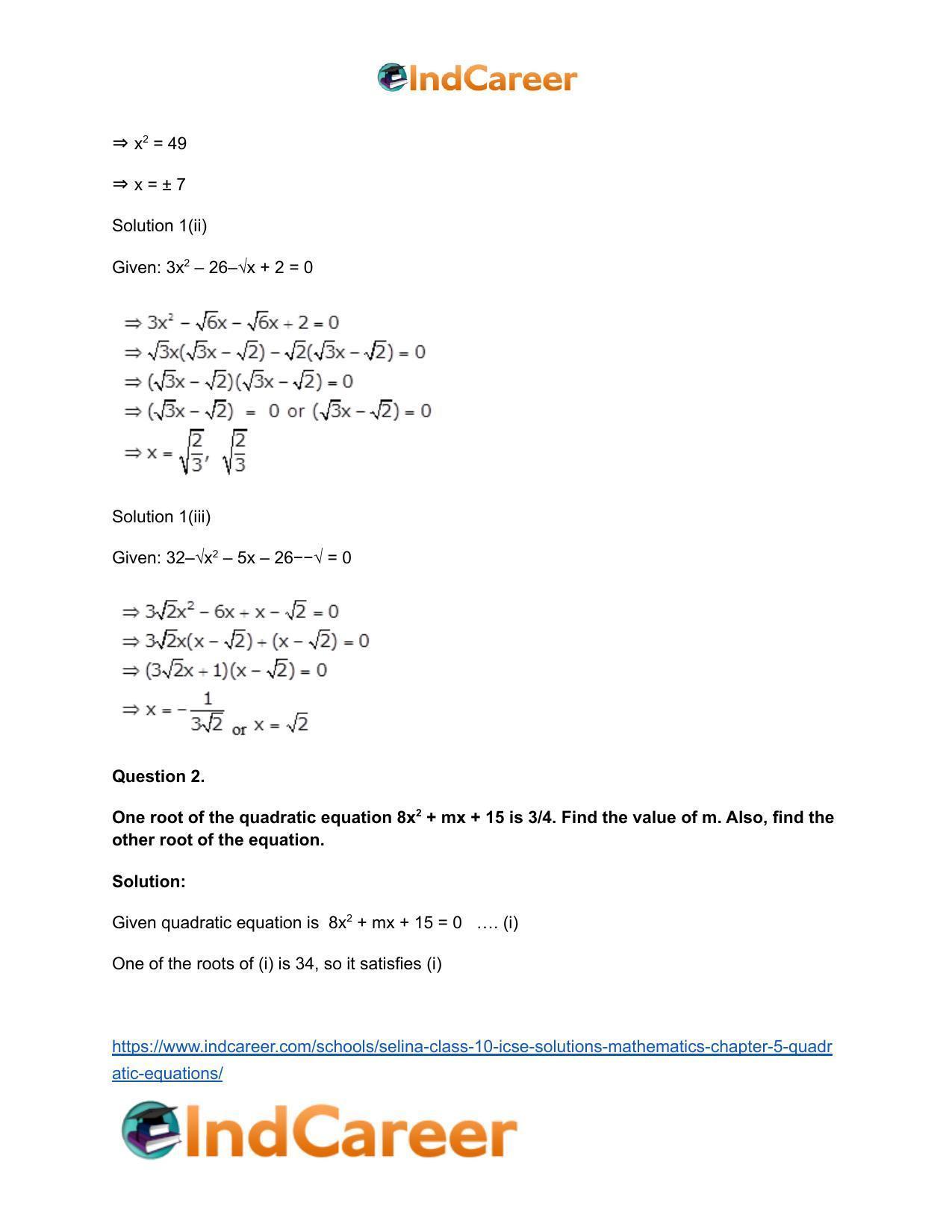Selina Class 10 ICSE Solutions Mathematics : Chapter 5 - Quadratic Equations - Page 76