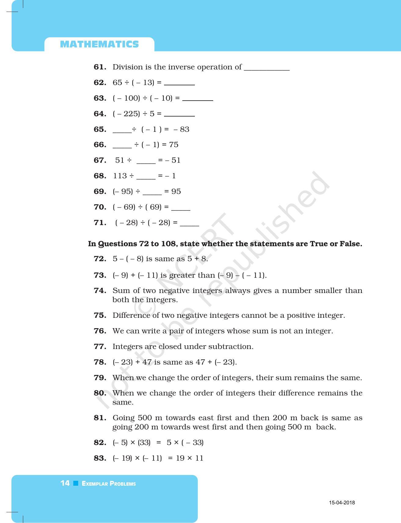 NCERT Exemplar Book for Class 7 Maths: Chapter 1-Integers - Page 14