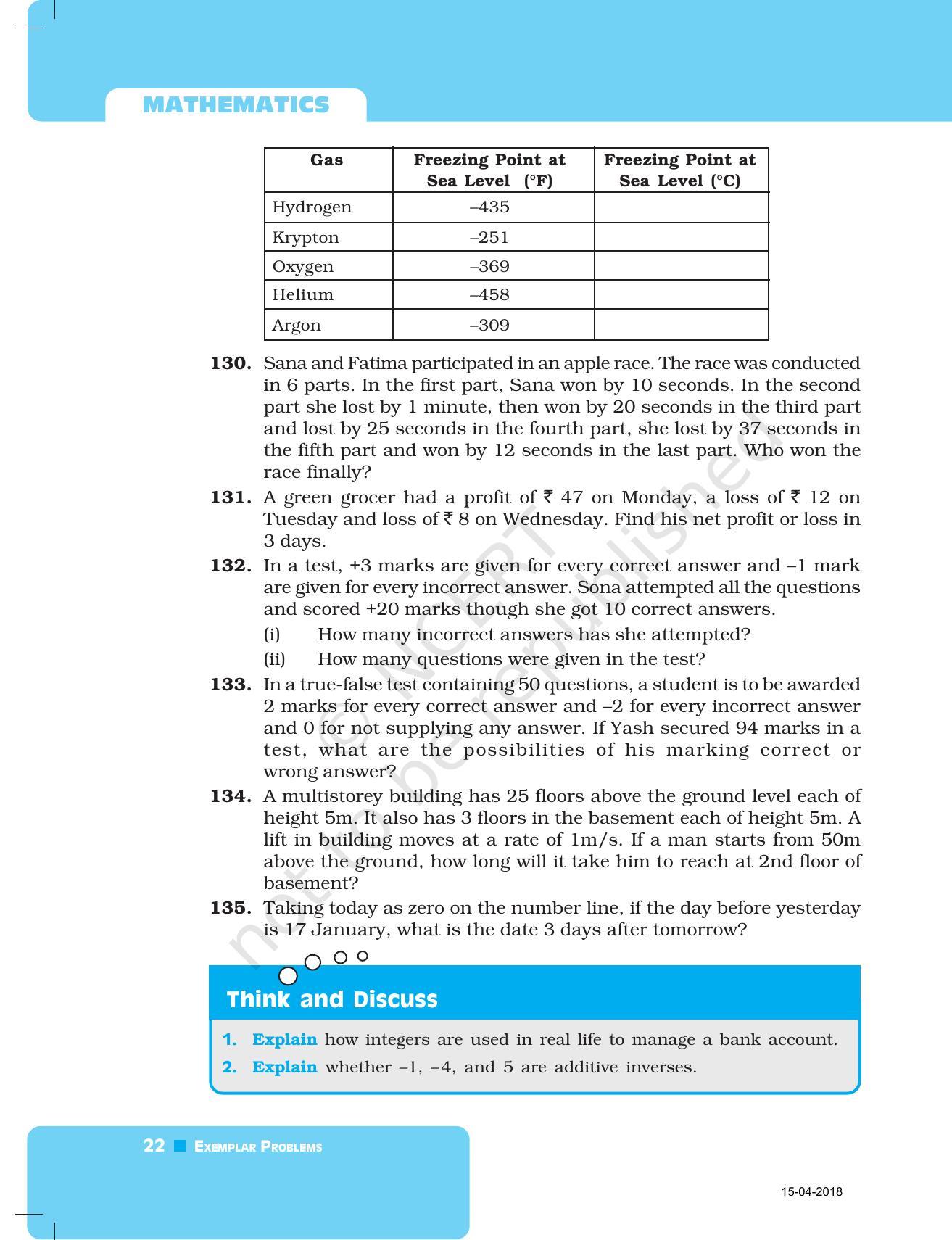 NCERT Exemplar Book for Class 7 Maths: Chapter 1-Integers - Page 22