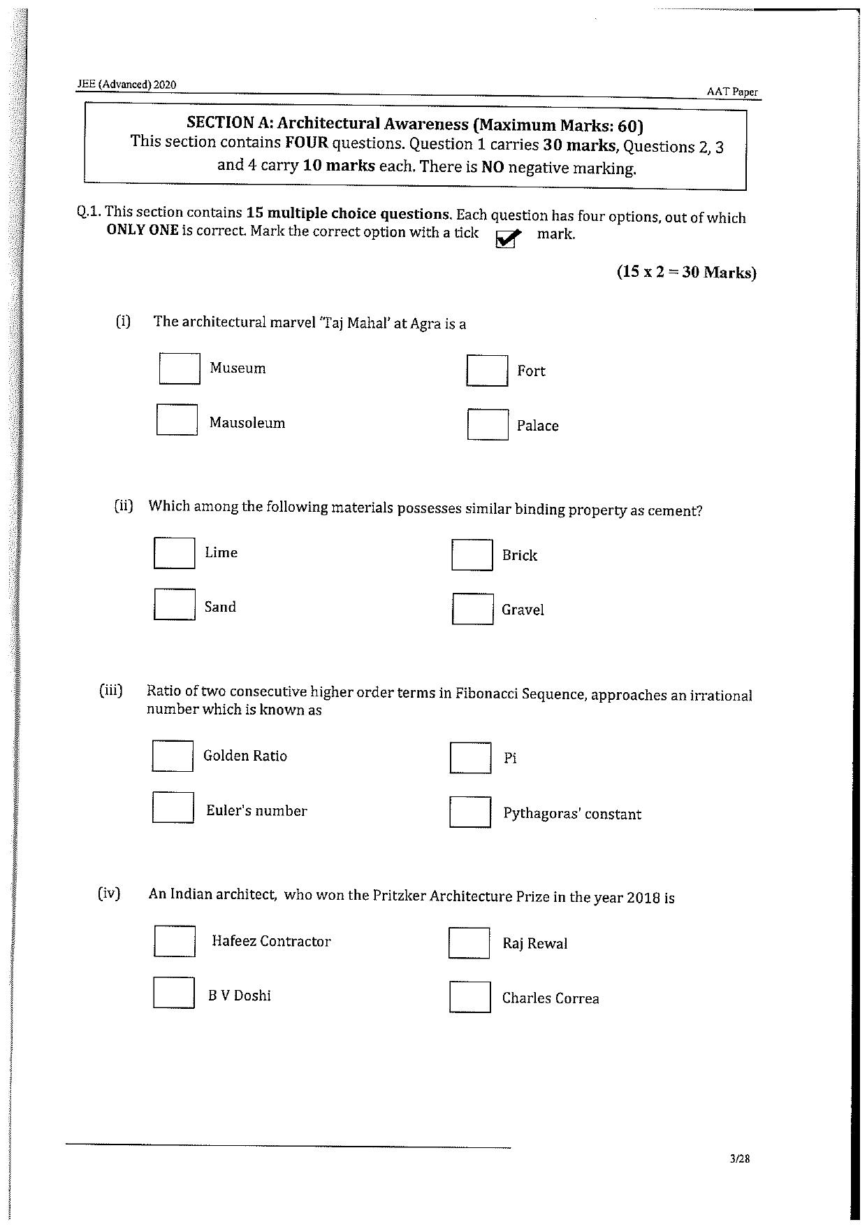 JEE Advanced AAT 2020 Question Paper - Page 3