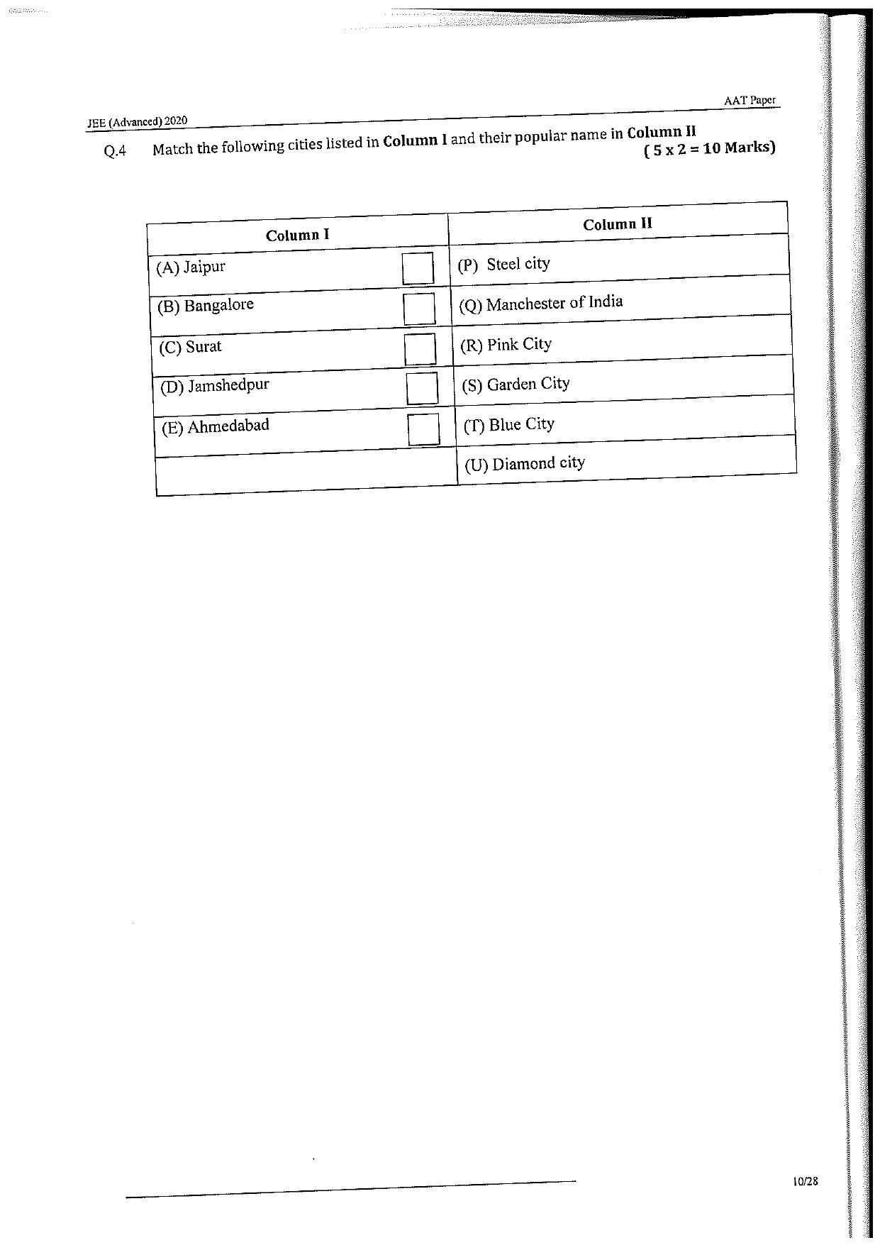 JEE Advanced AAT 2020 Question Paper - Page 10