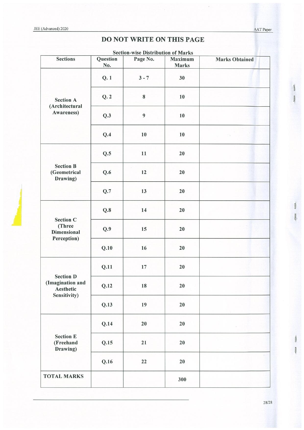 JEE Advanced AAT 2020 Question Paper - Page 28