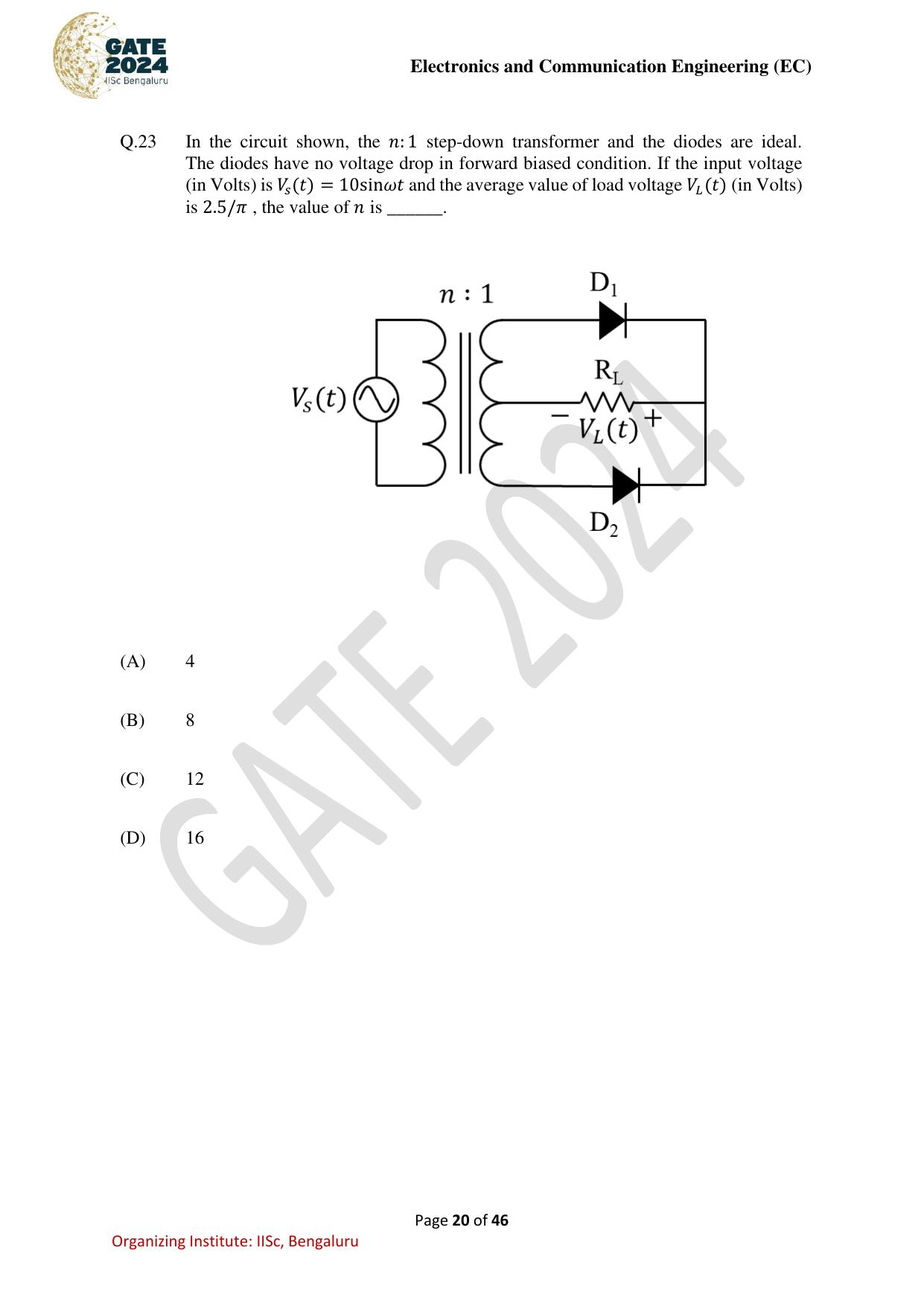 GATE 2024 Electronics and Communication Engineering (EC) Question Paper - Page 20