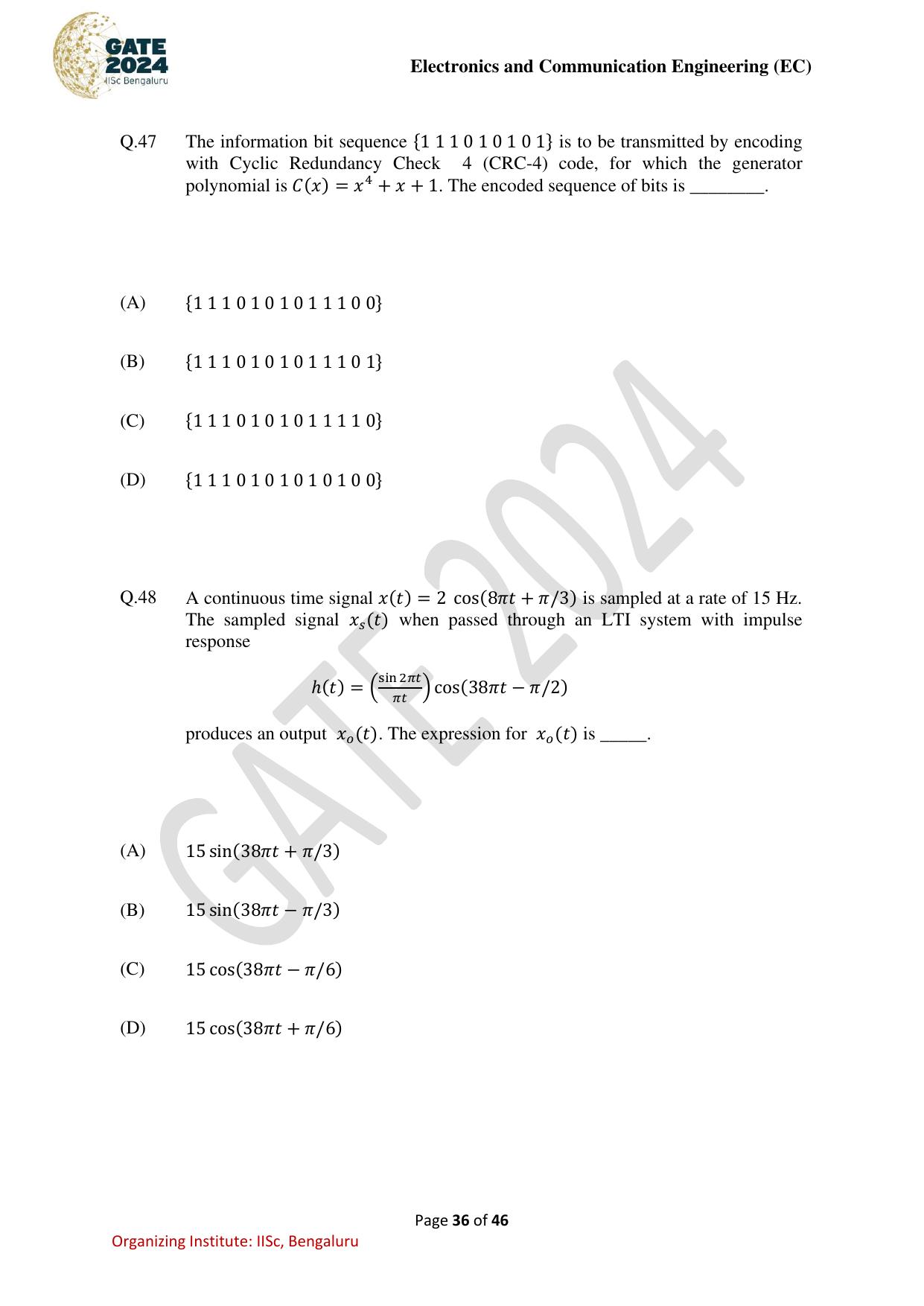 GATE 2024 Electronics and Communication Engineering (EC) Question Paper - Page 36