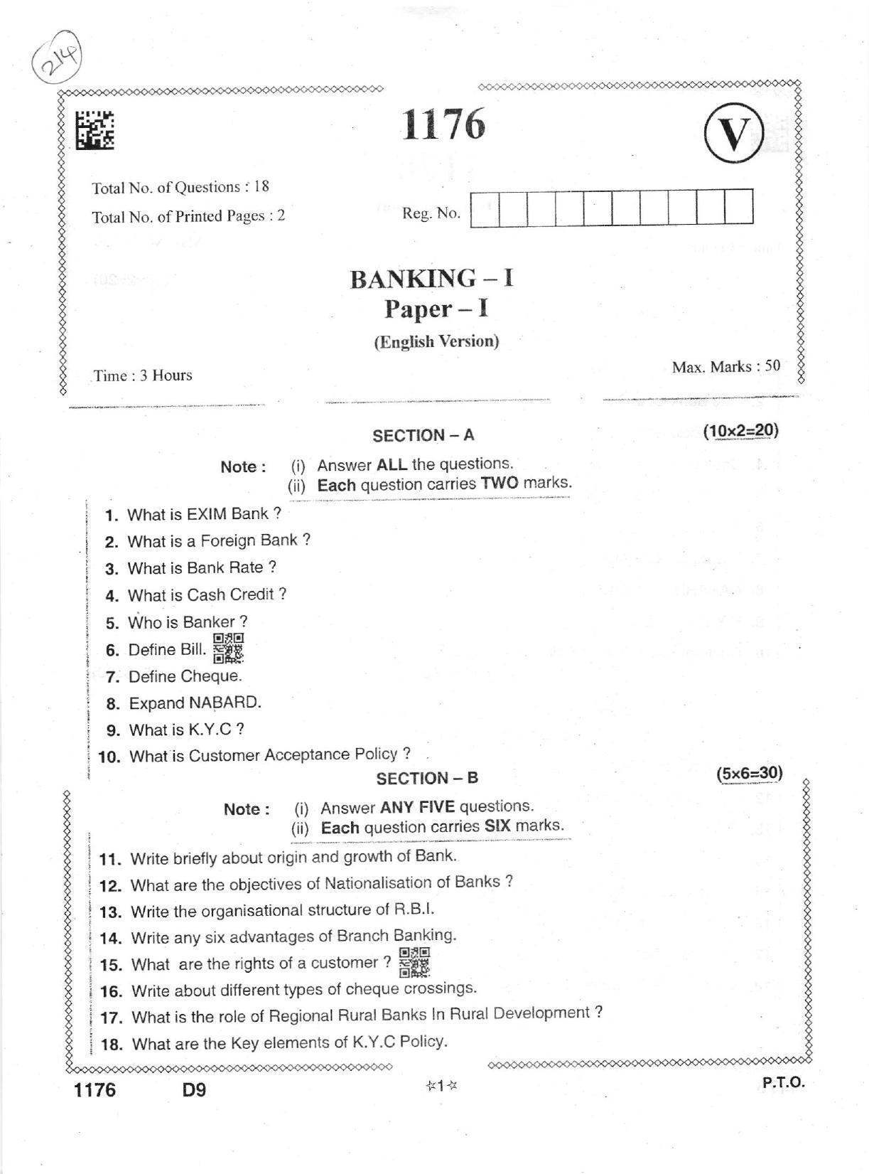 AP Intermediate 2nd Year Vocational Question Paper September-2021-Banking-I - Page 1