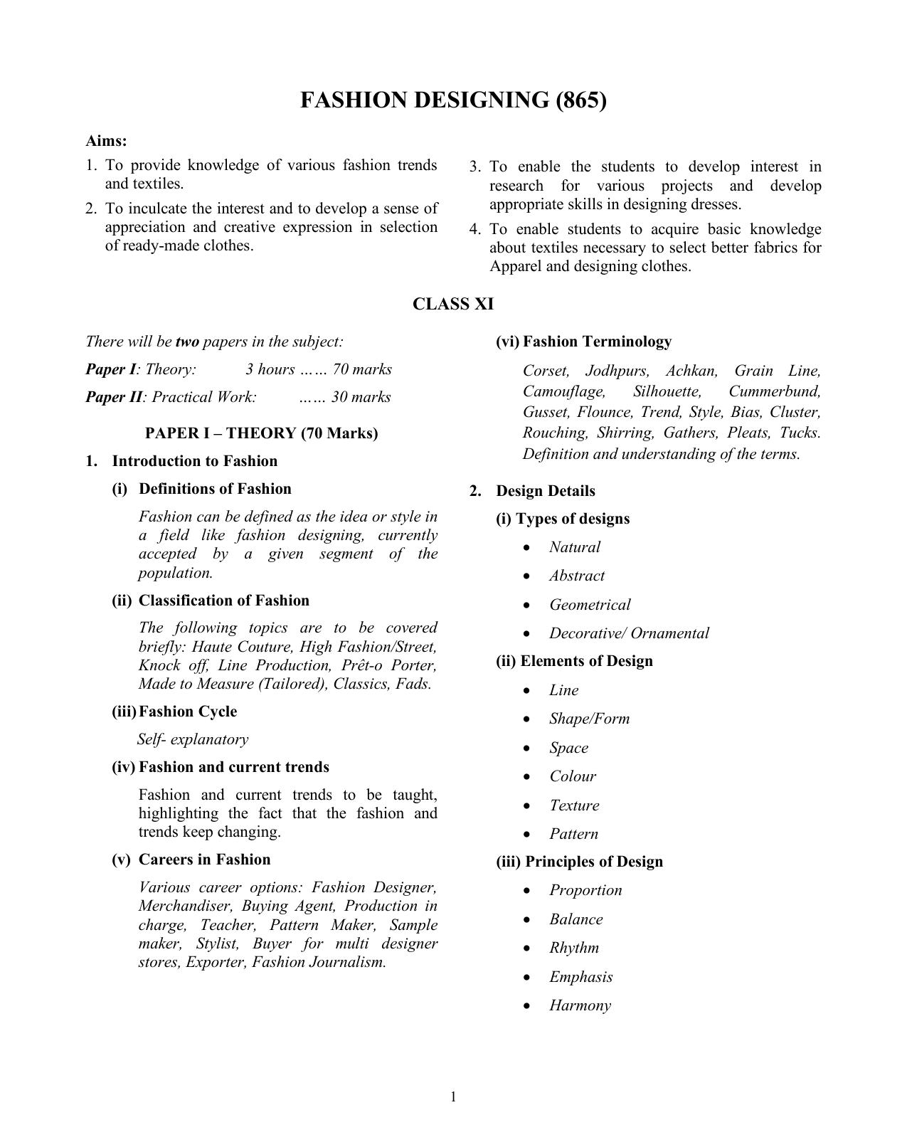 ISC Class XI & XII Fashion Designing 2025 Syllabus - Page 1